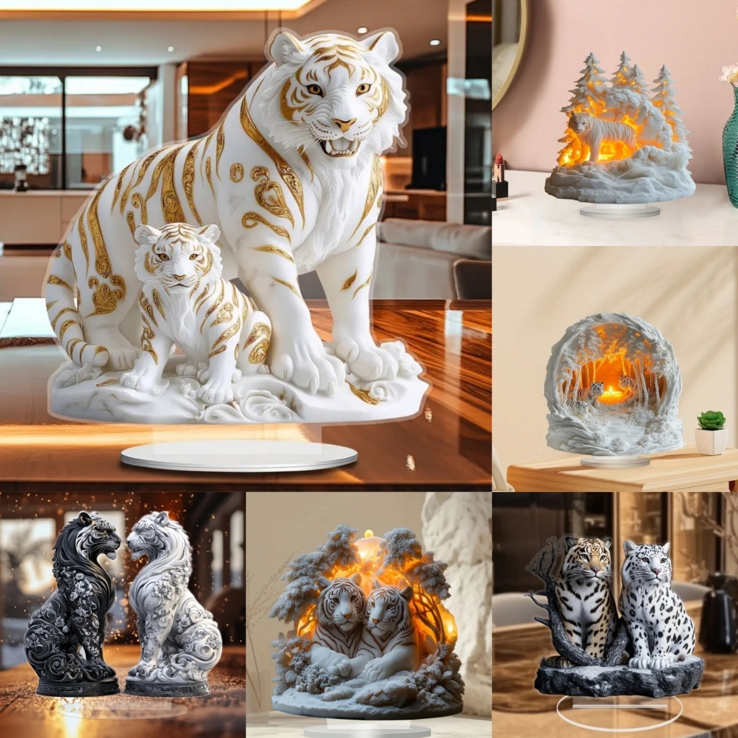 Desk Setup Desk - Two Tigers Statue,2D Flat Animals Acrylic