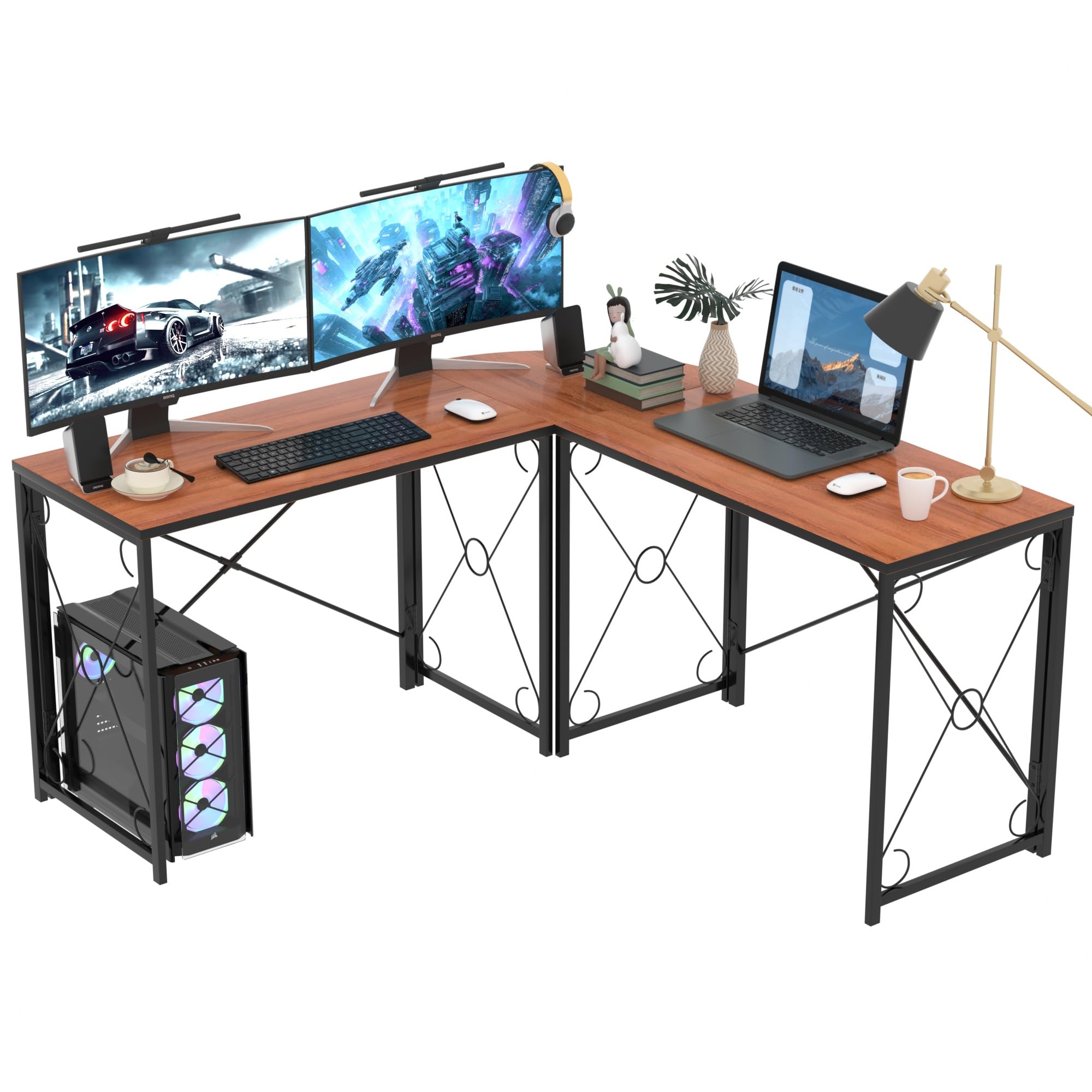 Desk Setup Dual Monitor - L-Shaped Computer Desk With Metal Frame
