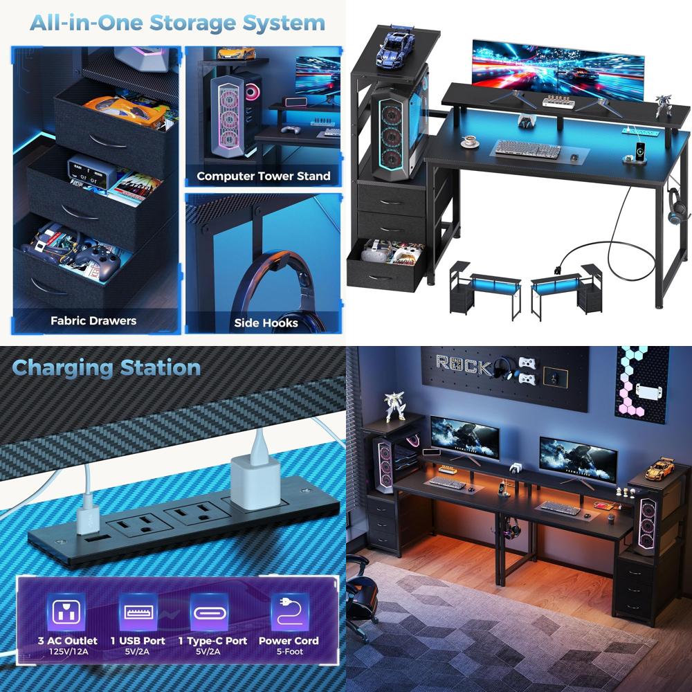 Desk Setup Dual Monitor - 52'' L-Shaped Gaming Desk with LED