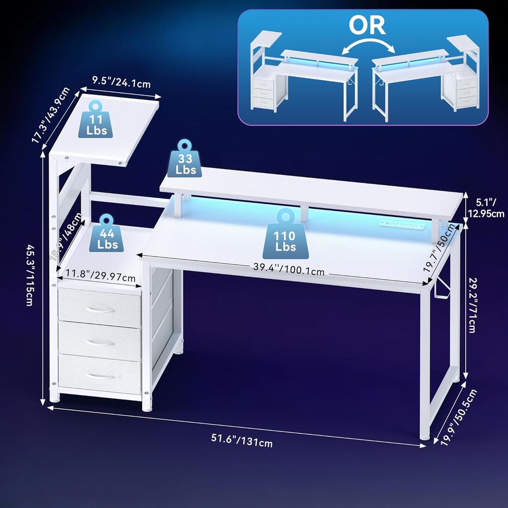 White 52 L-Shaped Gaming Desk  - Desk Setup Dual Monitor のレビューと価格