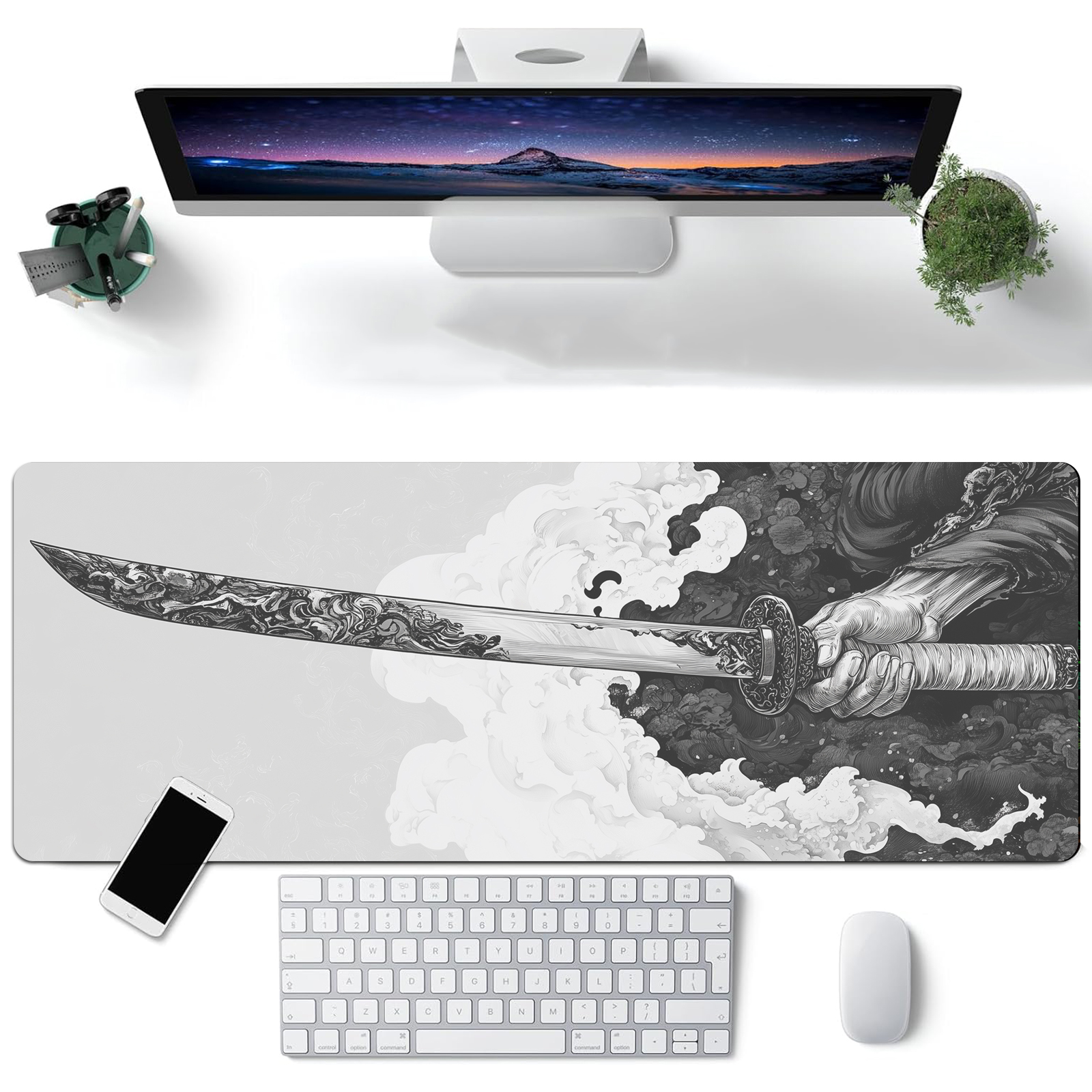 Black And White Comic Wind Swo - Rubber Mat Desk のレビューと価格