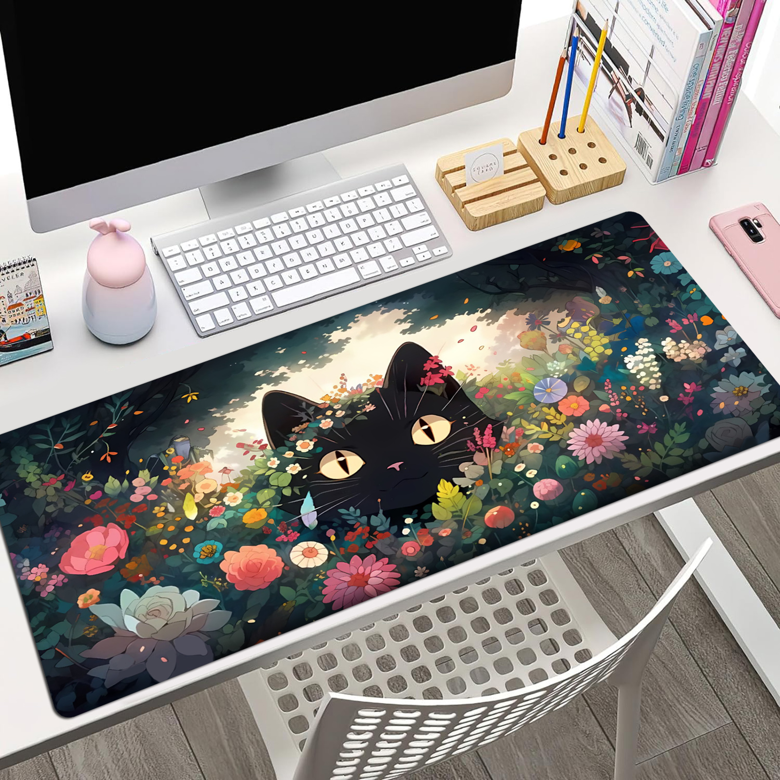 Black Cat Flowers Mouse Pad De - Rubber Mat Desk のレビューと価格