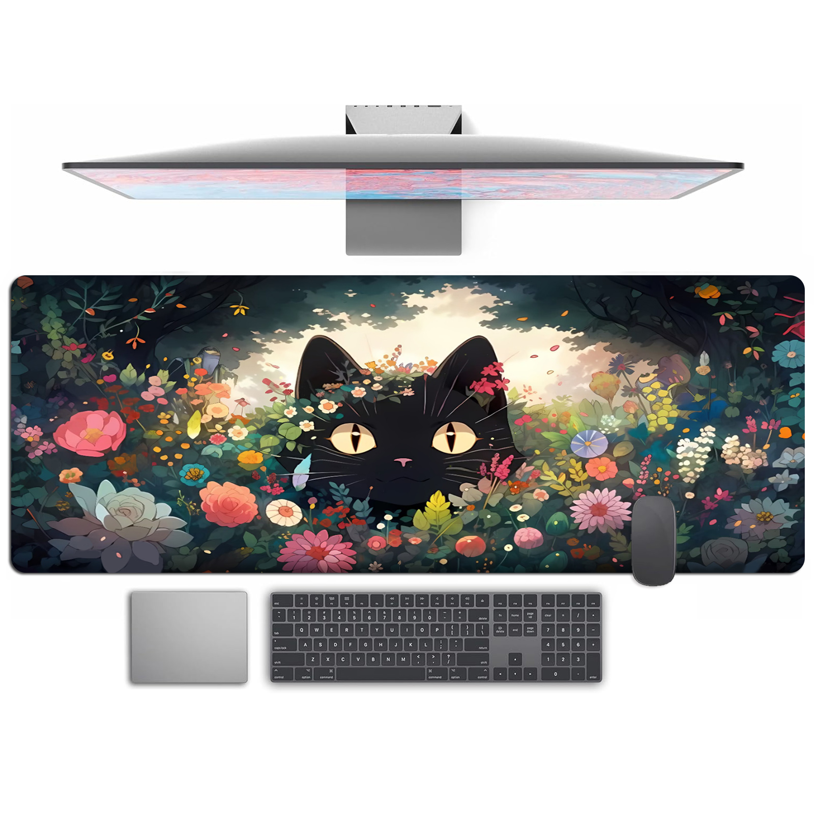 Black Cat Flowers Mouse Pad De - Rubber Mat Desk のレビューと価格