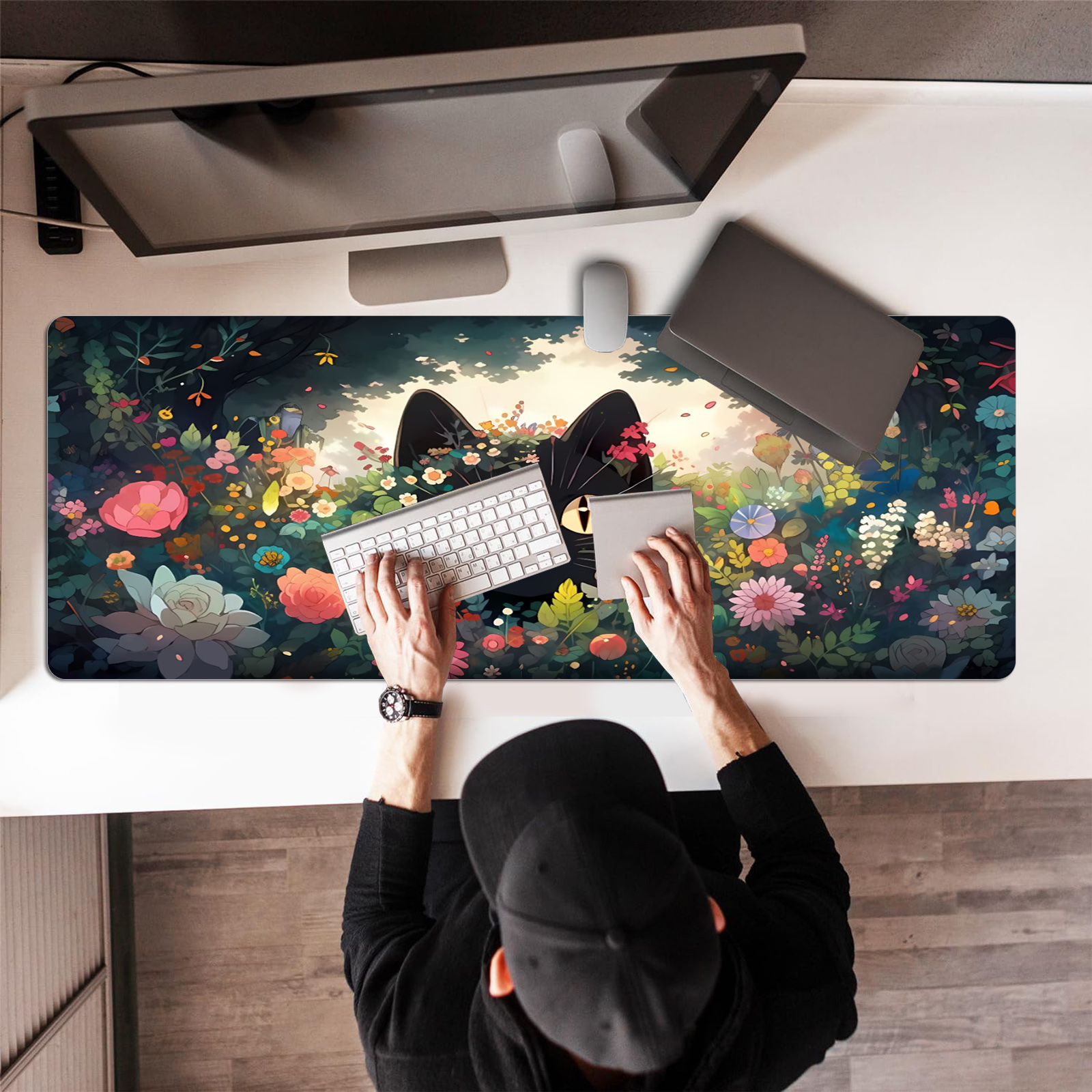 Black Cat Flowers Mouse Pad De - Rubber Mat Desk のレビューと価格