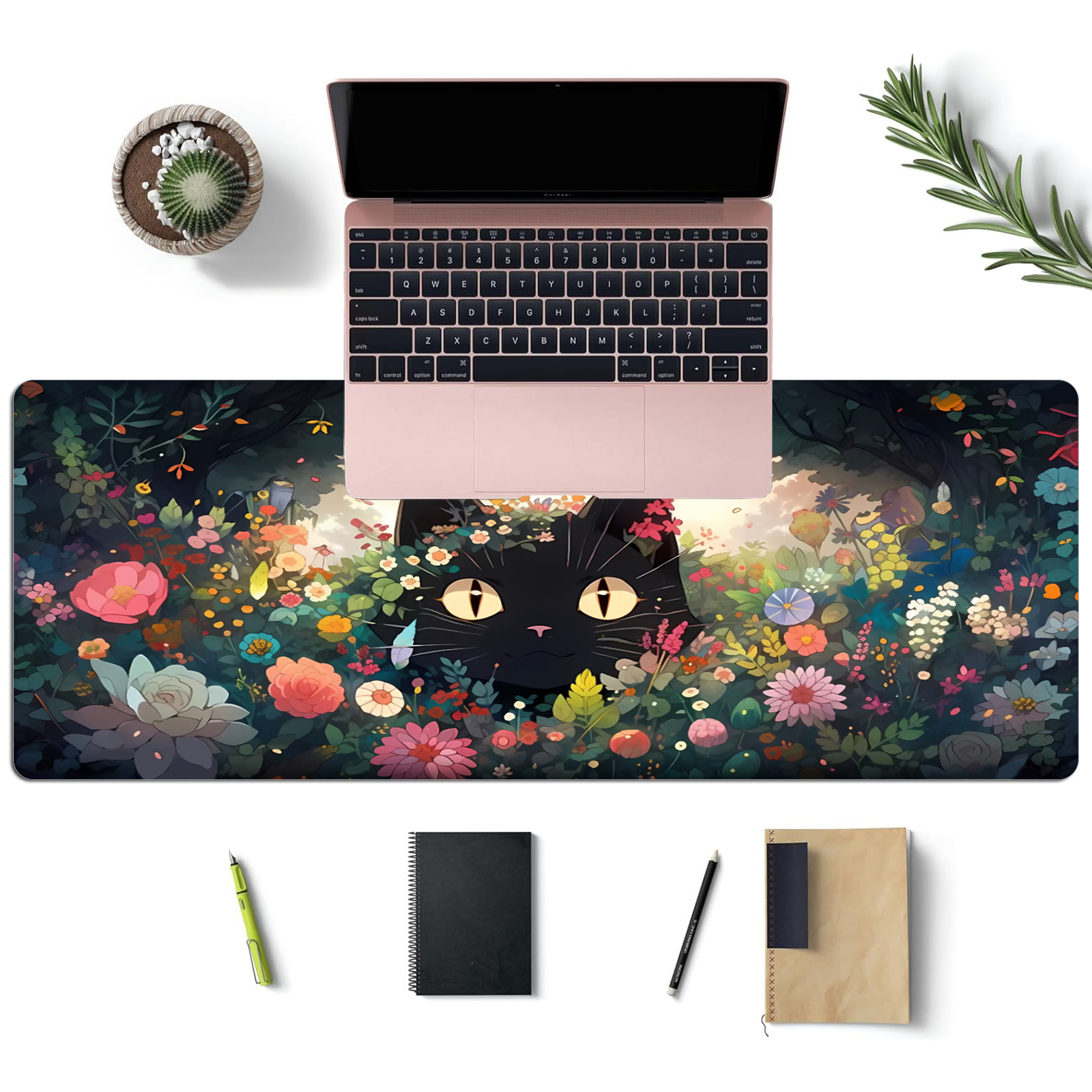Black Cat Flowers Mouse Pad De - Rubber Mat Desk のレビューと価格