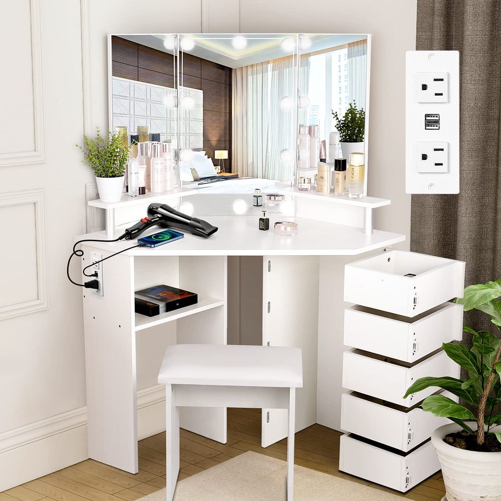 Vanity Table with Stool,Electr - Desk Setup Desk のレビューと価格